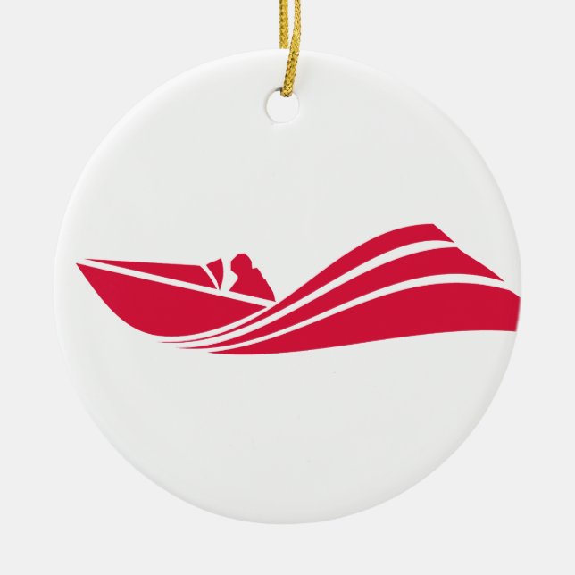Crimson Red Speed Boat Ceramic Tree Decoration (Front)