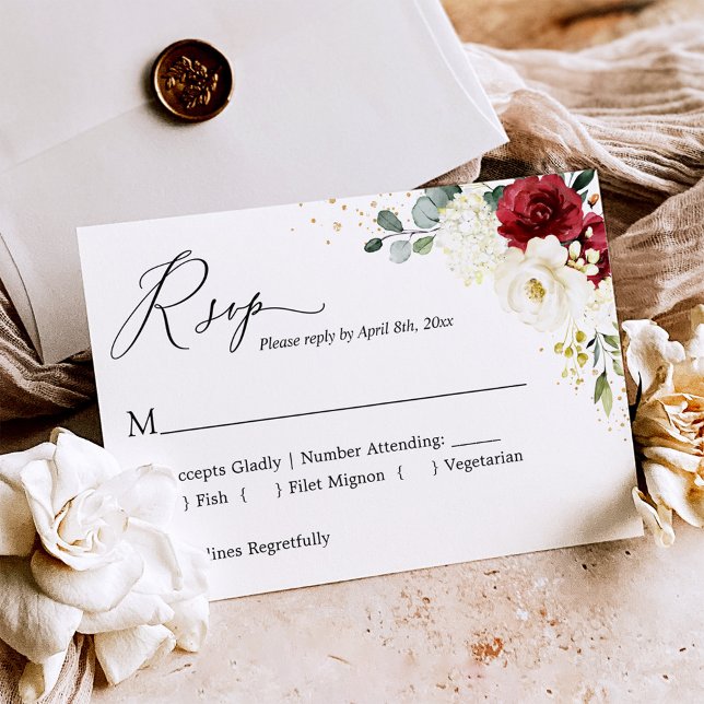 Crimson Red White Floral Gold Confetti Wedding RSVP Card (Creator Uploaded)