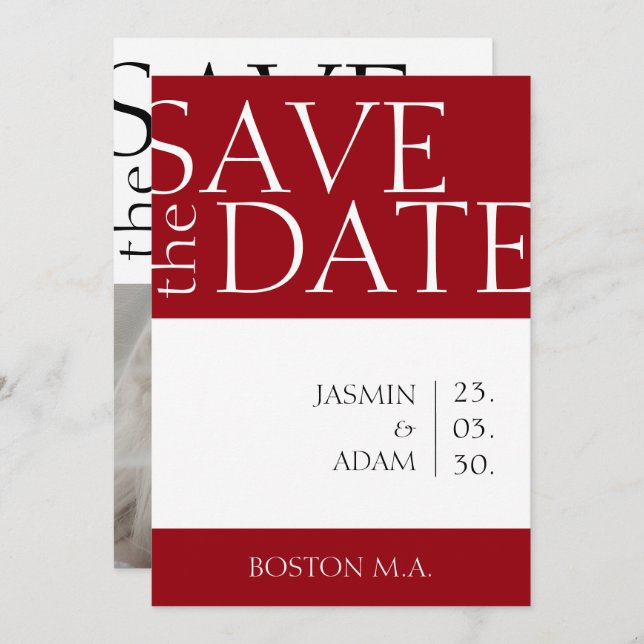 Crimson Red White Minimal Photo Wedding Save The Date (Front/Back)