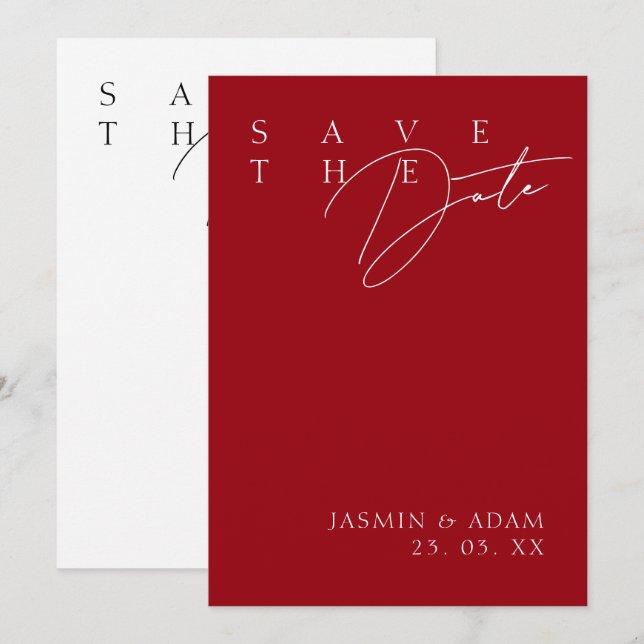 Crimson Red White Modern Typography Wedding Save The Date (Front/Back)