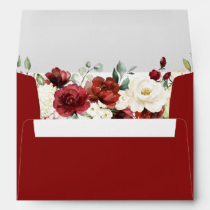 Crimson Red White Rose Floral with Return Address Envelope