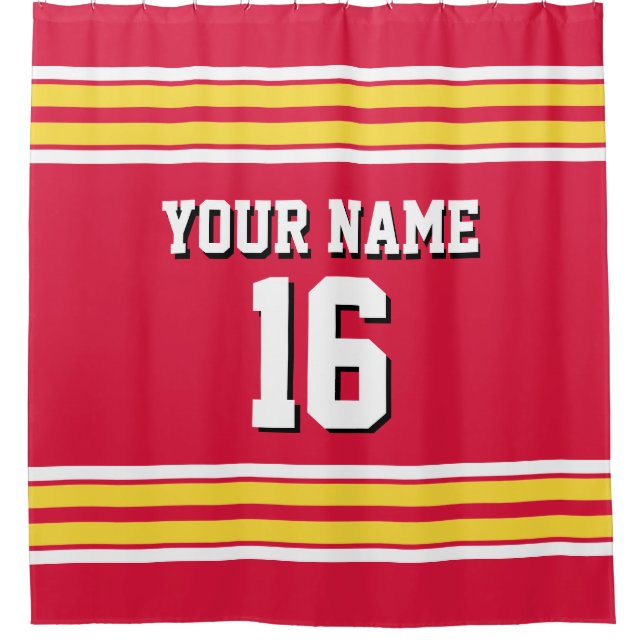 Crimson Red Yellow White Stripes Sports Jersey Shower Curtain (Front)