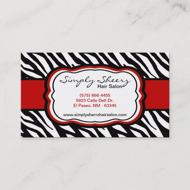 Crimson Red Zebra Print Hair Salon Business Card (Front)