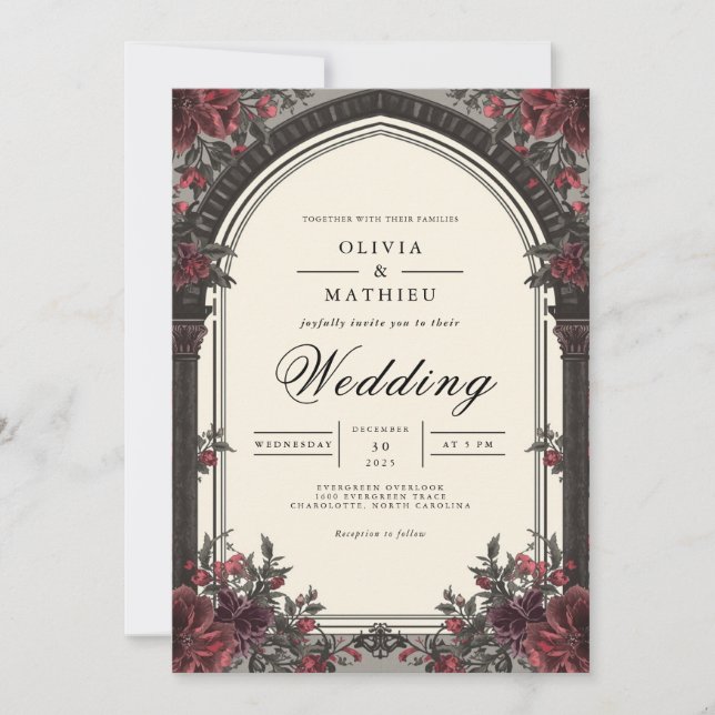 Crimson Rose Archway Wedding Invitation (Front)