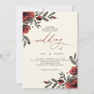 Crimson Rose Branch Flourish Wedding Invitation