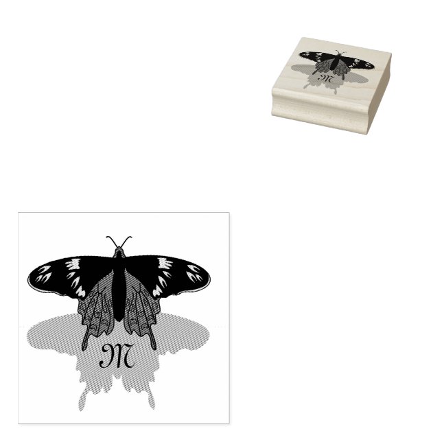 Crimson Rose Butterfly Shadow Monogram Rubber Stamp (Stamped)