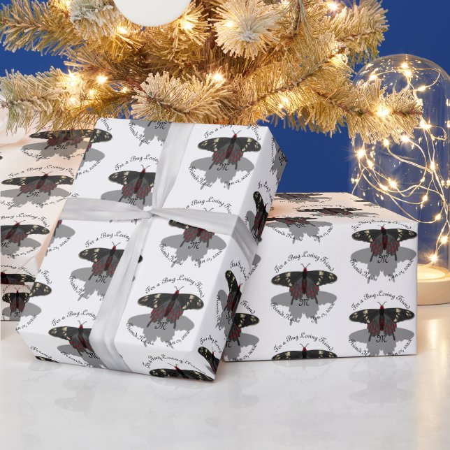 Crimson Rose Butterfly Shadow Monogram Wrapping Paper (Holidays)