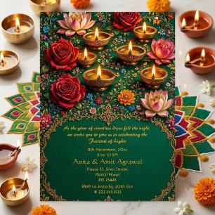 Crimson Rose Festival of Lights Deepak Lotus Green Invitation