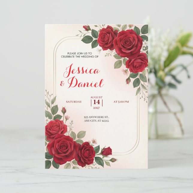 Crimson Rose Romantic Wedding Invitation (Standing Front)