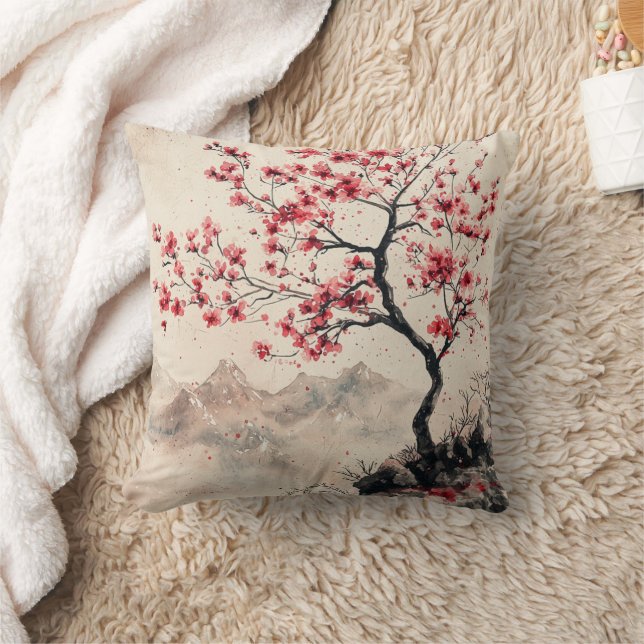 Crimson Sakura Mountain Serenity (1) Cushion (Blanket)