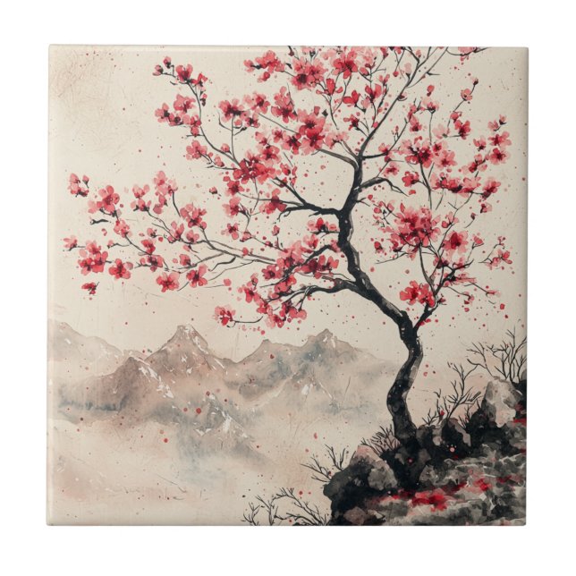 Crimson Sakura Mountain Serenity (1) Tile (Front)