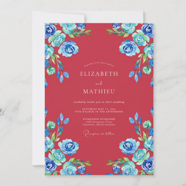 Crimson Sapphire Peony Wedding Invitation (Front)