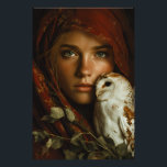 Crimson Scarf Snowy Owl Portrait Mystery Photo Print<br><div class="desc">A young woman with luminous green eyes looks straight ahead beneath a richly textured crimson headscarf that frames her face like a medieval veil. A snowy owl with delicate brown markings perches calmly on her shoulder, its gaze mirroring hers in quiet intensity. Golden autumn leaves cling to the fabric and...</div>