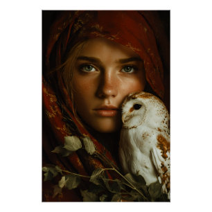 Crimson Scarf Snowy Owl Portrait Mystery Poster