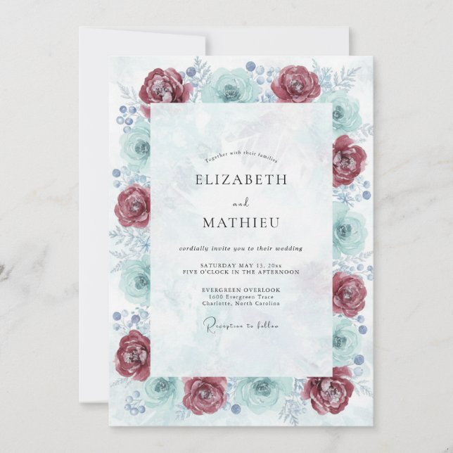 Crimson Seafoam Blossom Wedding Invitation (Front)