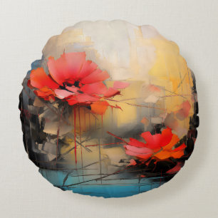 Crimson Silence – Abstract Poppies in Urban Light Round Cushion