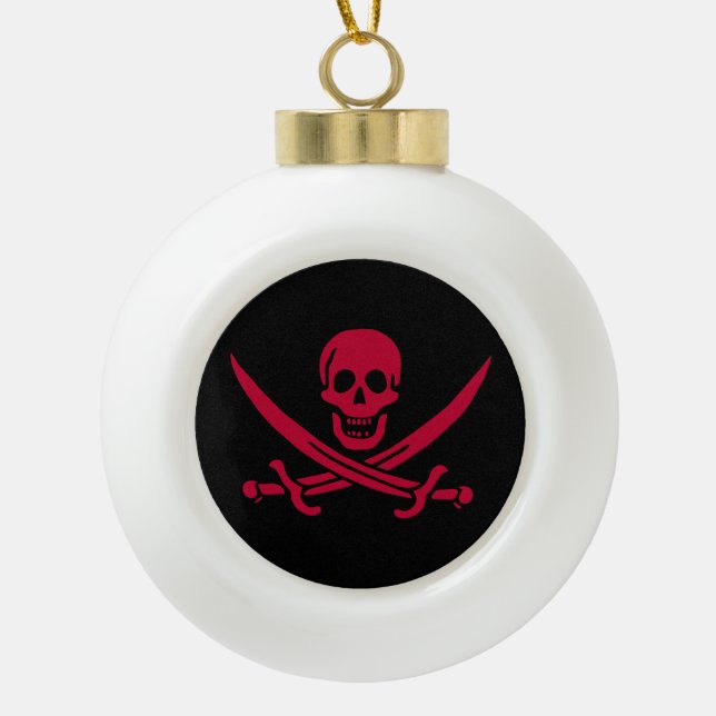 Crimson Skull & Swords Pirate flag of Calico Jack Ceramic Ball Christmas Ornament (Front)