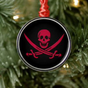 Crimson Skull & Swords Pirate flag of Calico Jack Metal Tree Decoration