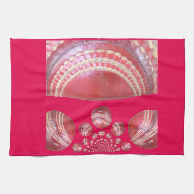 Crimson Spin – A Beautiful Red Cricket Ball Arti Tea Towel (Horizontal)