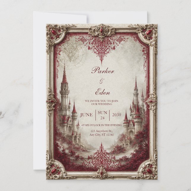 Crimson Spire Castle Wedding Invitation (Front)