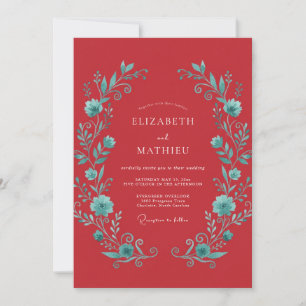 Crimson Teal Vibrant Botanical Wedding Invitation