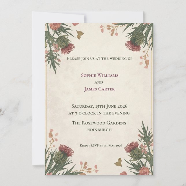 Crimson Thistle Botanical Corner Wedding Invitatio Invitation (Front)