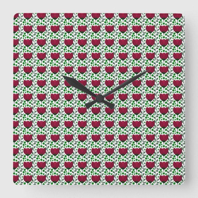 Crimson Tulip Floral Pattern | Elegant Red  Square Wall Clock (Front)
