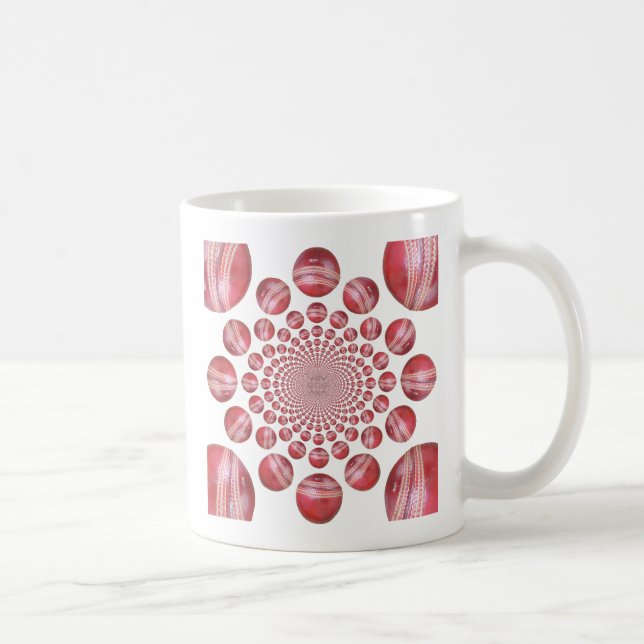 Crimson Vortex: Beautiful Red Cricket Ball Art Coffee Mug (Right)
