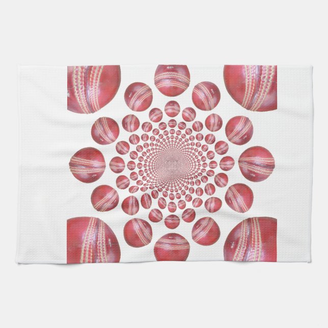Crimson Vortex: Beautiful Red Cricket Ball Art Tea Towel (Horizontal)
