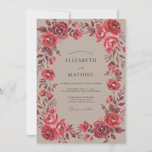 Crimson Warm Rose Blossom Wedding Invitation (Front)