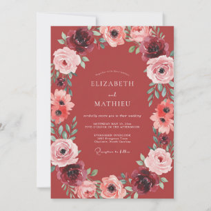 Crimson Warm Rose Wreath Wedding Invitation