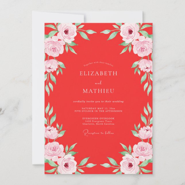 Crimson Watercolor Leafy Wedding Invitation (Front)