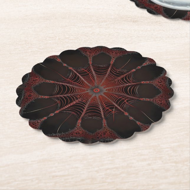 Crimson Web: Fractal Dance with the Redback Spider Paper Coaster (Angled)