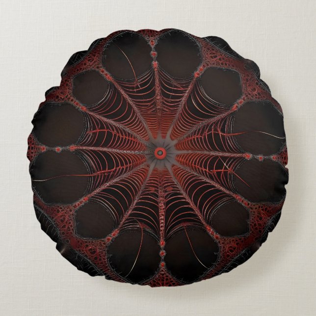 Crimson Web: Fractal Dance with the Redback Spider Round Cushion (Front)