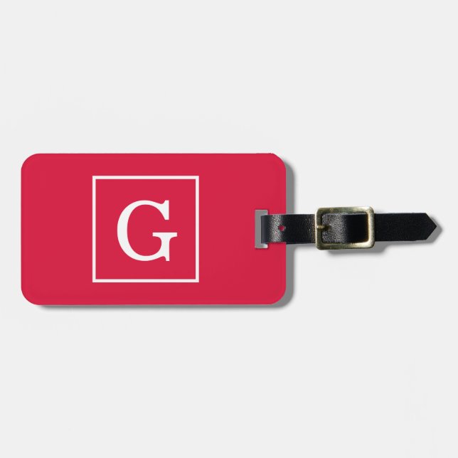Crimson White Framed Initial Monogram Luggage Tag (Front Horizontal)