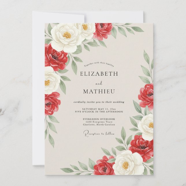 Crimson White Ranunculus Eucalyptus Wedding Invitation (Front)