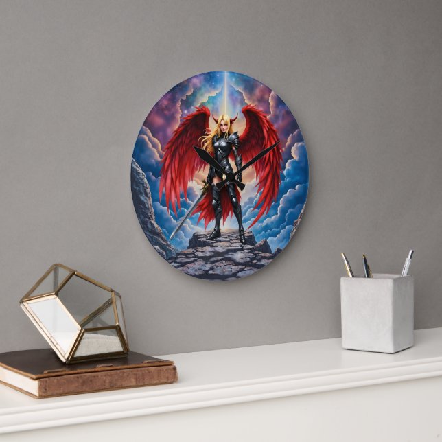 Crimson Wing – Fallen Angel Warrior.  Large Clock (Office)