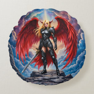 Crimson Wing – Fallen Angel Warrior. Round Cushion