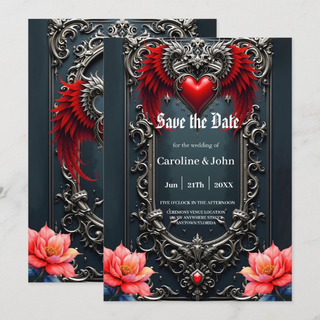 Crimson Winged Heart  Gothic Romance Elegant .  Save The Date (Front/Back)