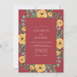 Crimson Yellow Floral Watercolor Wedding Invitation