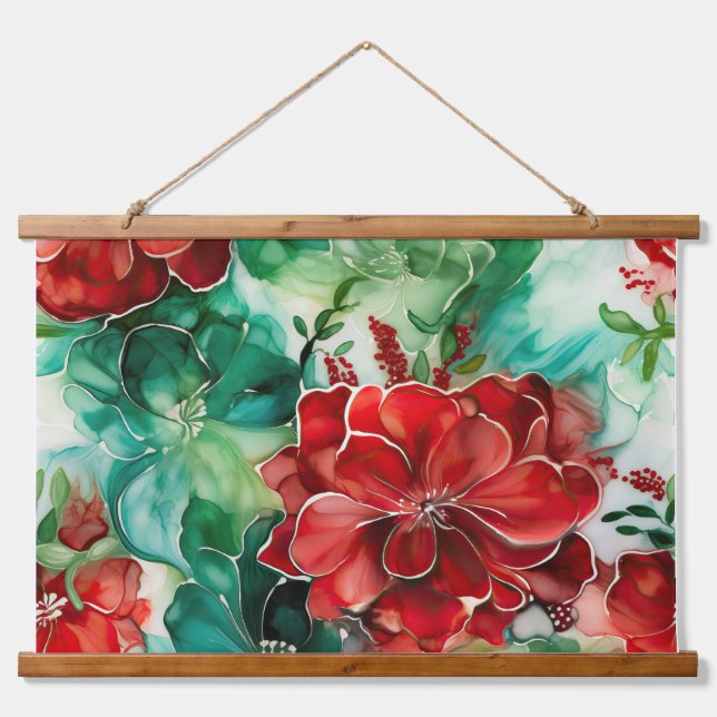 Crimson Yuletide Blooms Botanical Hanging Tapestry (Front)