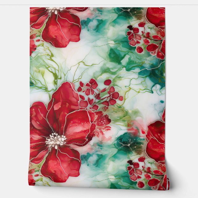 Crimson Yuletide Blooms Botanical Wallpaper (Unrolling)