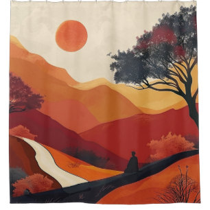 Crimson Zen Mountain Landscape Golden Sunset Art Shower Curtain