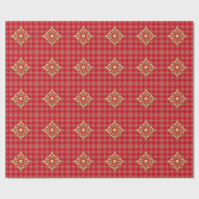 Crinkled Red and Gold Diamonds Wrapping Paper (Flat)