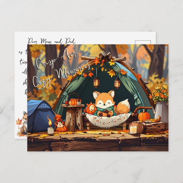 Crisp Air Cosy Memories Autumn Leaves Camping Fox Postcard (Front/Back)
