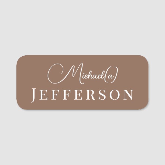 Crisp Russet Brown Modern White Script Name Tag (Front)