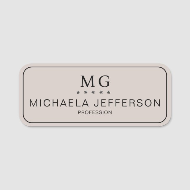 Crisp Sand Grey Monogrammed Modern Business Name Tag (Front)