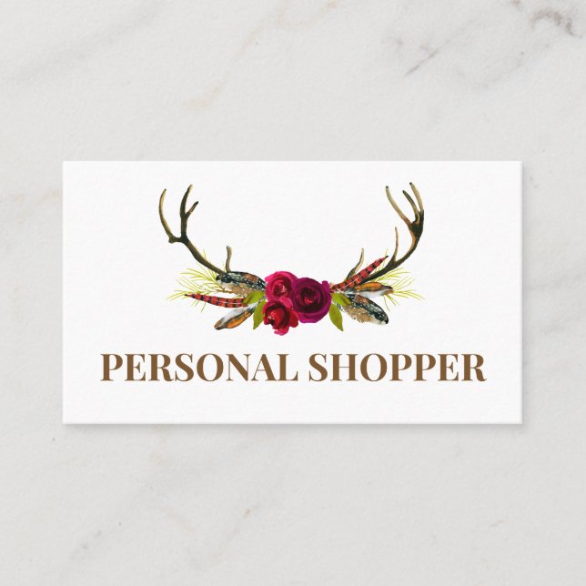 Crisp White & Boho Floral Antler Personal Shopper Business Card (Front)