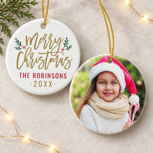Crisp White Gold Script Merry Christmas Photo Ceramic Tree Decoration