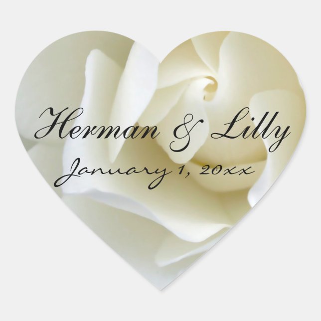 Crisp White Rose Personalised Wedding Heart Sticker (Front)